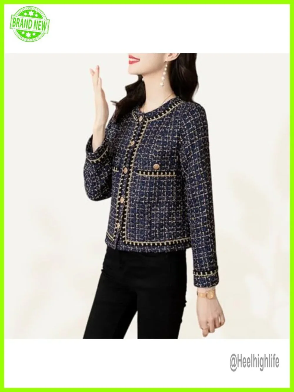 Elegant Tweed Blazer Jacket - Long Sleeve Round Neck Business Casual Short Coat